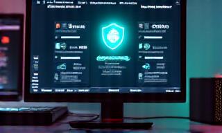 Scansione antivirus su monitor computer, con icone di protezione e un'interfaccia di sicurezza.