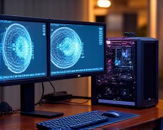 Workstation fissa per grafica professionale, dotata di doppio monitor e processore potente per il rendering.